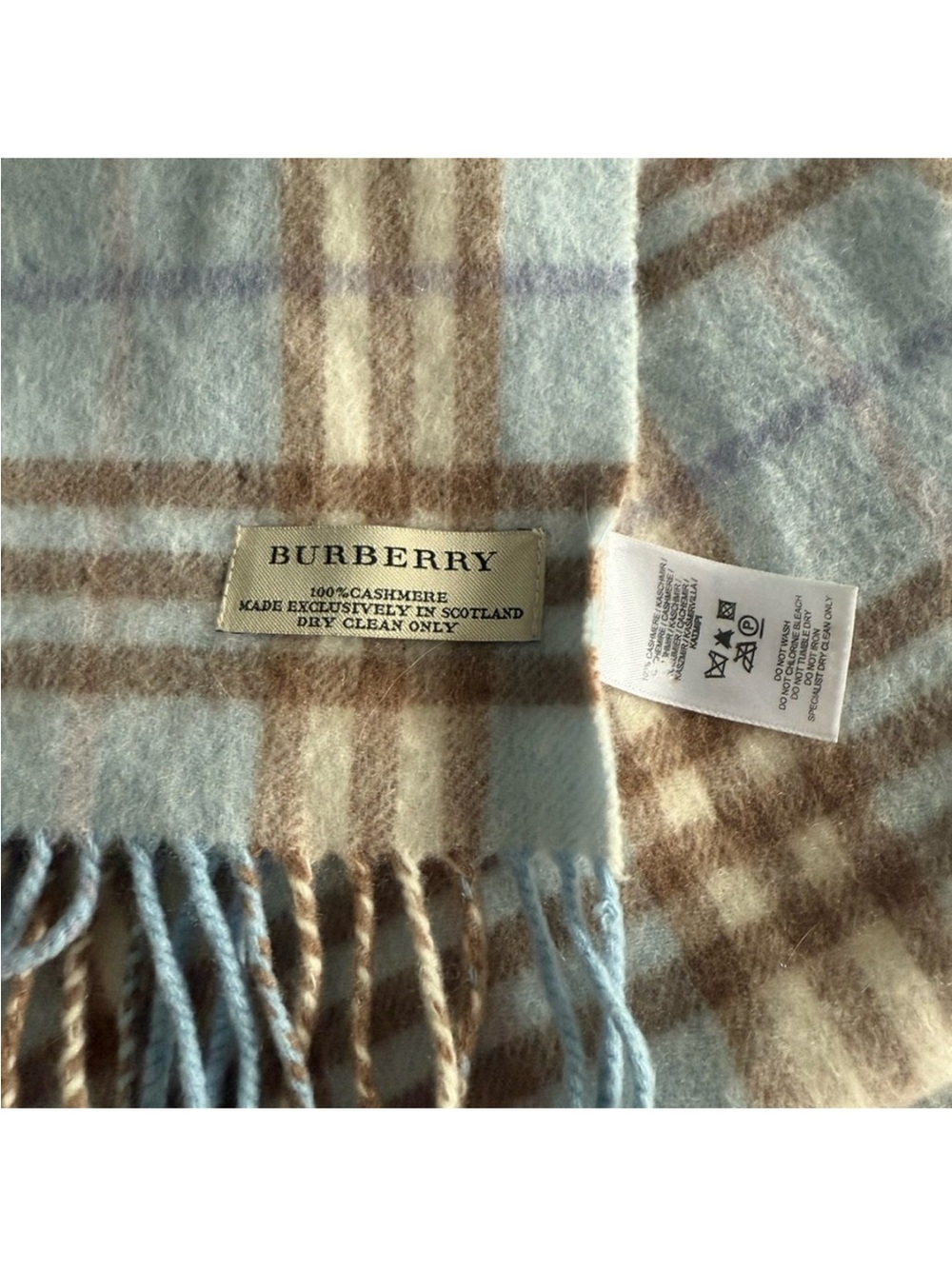Burberry Light Blue and Tan Plaid Cashmere Scarf - Picture 2 of 3